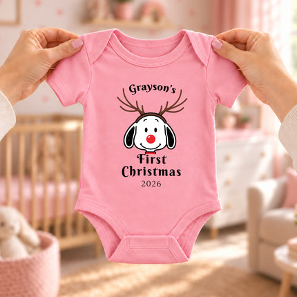 Personalized First Christmas 2026 Reindeer Name Baby Bodysuit