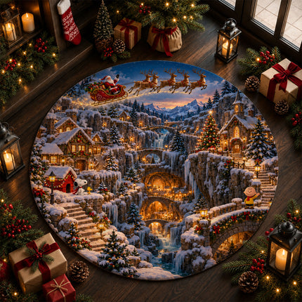Christmas Round Rug Snowy Mountain Village Holiday Doormat