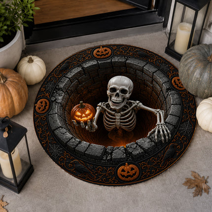 Halloween Round Rug Skeleton Pumpkin 3D Spooky Doormat
