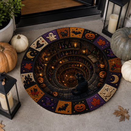 Halloween Round Rug Black Cat Witch Potion Spooky Doormat