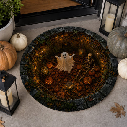 Halloween Round Rug Ghost Skeleton Pumpkin Spooky Doormat