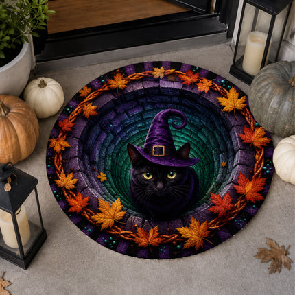 Halloween Round Rug Black Cat Witch Hat Spooky Doormat