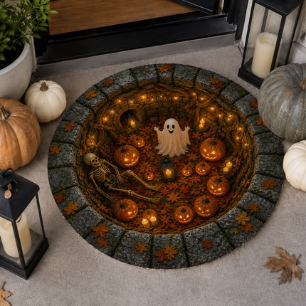 Halloween Round Rug Ghost Skeleton Pumpkin Pit Doormat