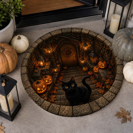 Halloween Round Rug Black Cat Pumpkin Lantern Doormat