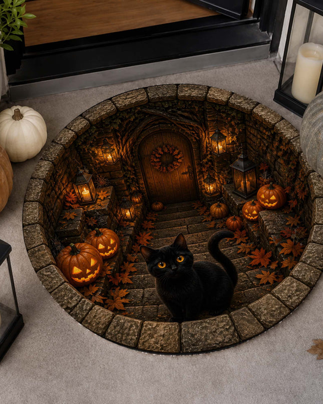 Halloween Round Rug Black Cat Pumpkin Lantern Doormat
