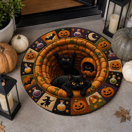 Halloween Round Rug Black Cats Pumpkin Quilt Spooky Doormat