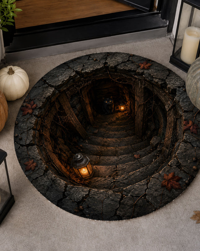 Halloween Round Rug Haunted Stairway Black Cat Doormat