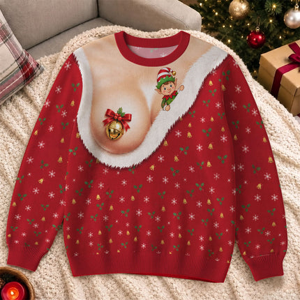Funny Jingle Bell Ugly Sweatshirt Naughty Christmas Elf Chest Illusion