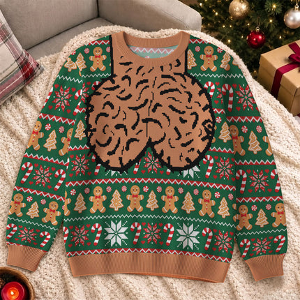 Funny Brain Christmas Ugly Sweatshirt Gingerbread Candy Cane Holiday Sweater