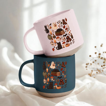Cozy Black Cat Halloween Pottery Mug Ghost Autumn Gift