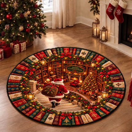 Christmas Round Rug Santa Library Fireplace Doormat