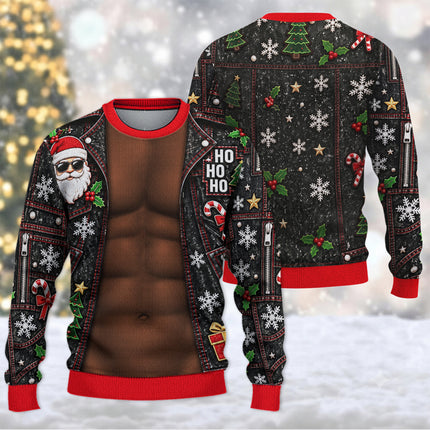 Funny Six Pack Christmas Ugly Sweatshirt Fake Abs Biker Santa Party Outfit
