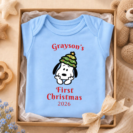 Personalized First Christmas 2026 Christmas Tree Hat Baby Bodysuit