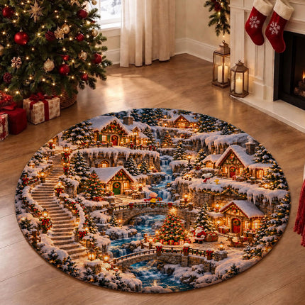 Christmas Round Rug Twinkling Cottage Waterfall Doormat
