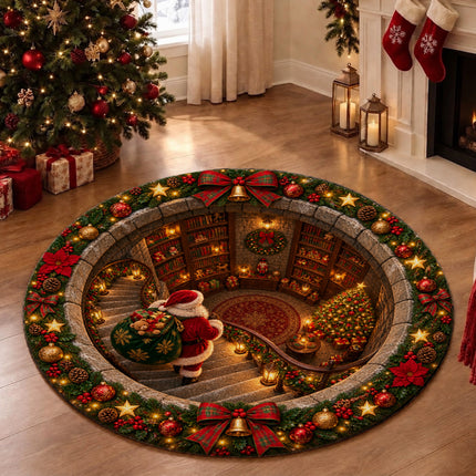 Christmas Round Rug Santa Library Holiday Doormat