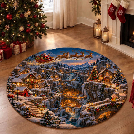 Christmas Round Rug Snowy Mountain Village Holiday Doormat