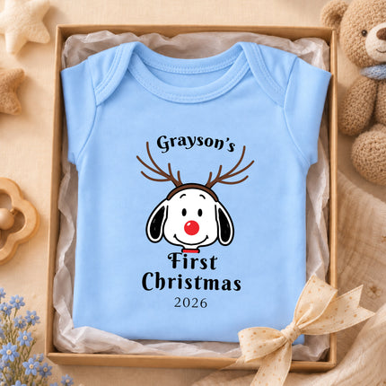 Personalized First Christmas 2026 Reindeer Name Baby Bodysuit