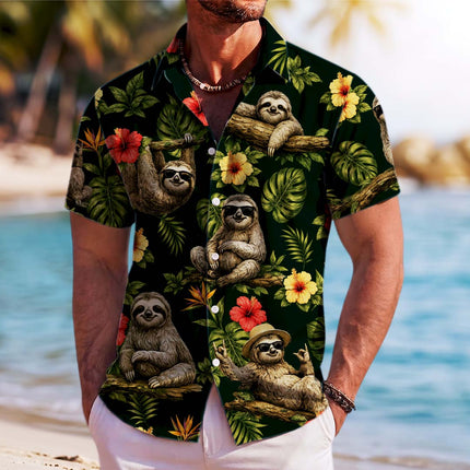 Tropical Sloth Floral Summer Vacation Hawaiian Shirt