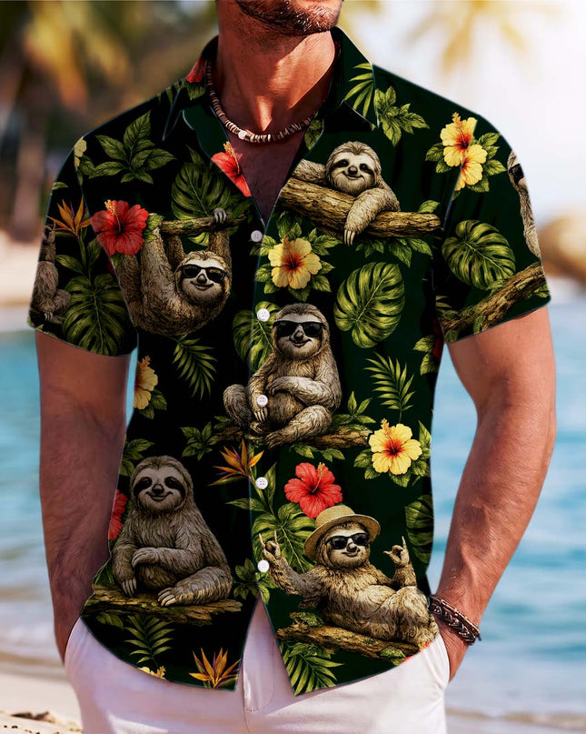 Tropical Sloth Floral Summer Vacation Hawaiian Shirt