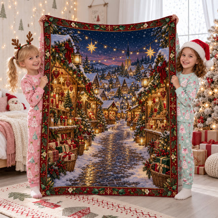 Christmas Market Fleece Blanket Festive Winter Village Decor