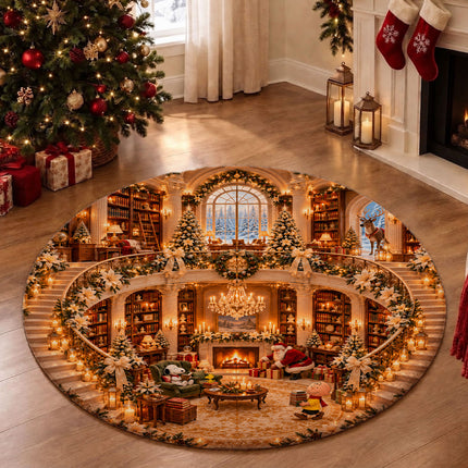 Christmas Round Rug Cozy Library Grand Staircase Holiday Doormat