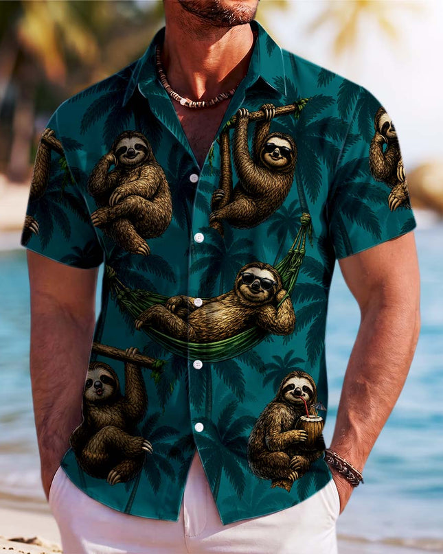 Tropical Sloth Palm Tree Vacation Summer Hawaiian Shirt