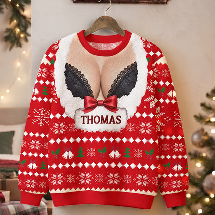 Personalized Naughty Christmas Ugly Sweatshirt Funny Fake Cleavage Design
