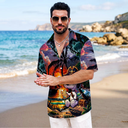 Pirate Treasure Tropical Beach Sunset Hawaiian Shirt