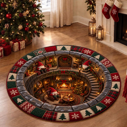 Christmas Round Rug Gnome Cottage Fireplace Doormat
