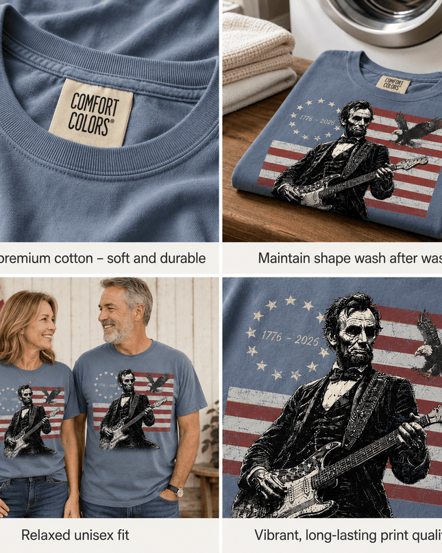 Comfort Colors 250th Anniversary USA Abraham Lincoln Guitar Flag T-Shirt