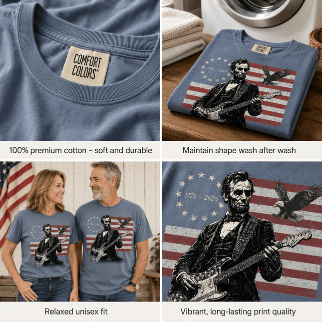 Comfort Colors 250th Anniversary USA Abraham Lincoln Guitar Flag T-Shirt