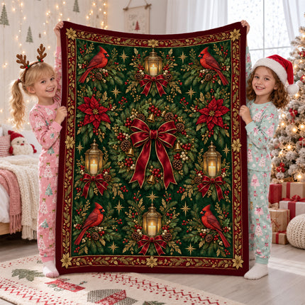 Cardinal Christmas Fleece Blanket Vintage Holiday Wreath
