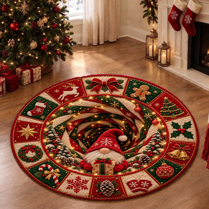 Christmas Round Rug Gnome Present Spiral Doormat