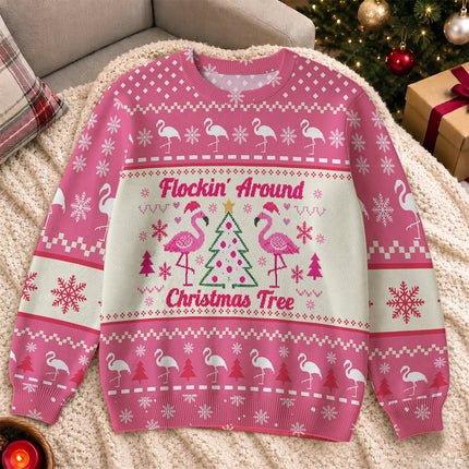 Funny Flamingo Ugly Sweatshirt Flockin Around Christmas Tree Pink