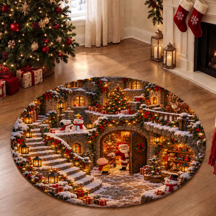 Christmas Round Rug Snowy Village Lanterns Holiday Doormat