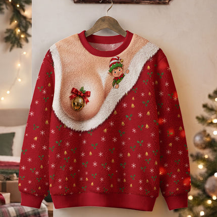 Funny Jingle Bell Ugly Sweatshirt Naughty Christmas Elf Chest Illusion