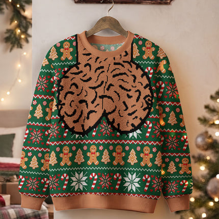 Funny Brain Christmas Ugly Sweatshirt Gingerbread Candy Cane Holiday Sweater
