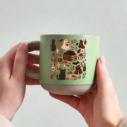 Cozy Black Cat Halloween Pottery Mug Ghost Autumn Gift