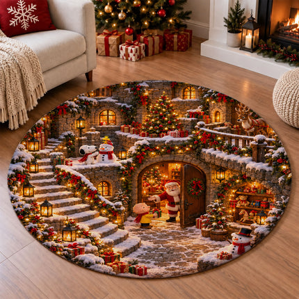 Christmas Round Rug Snowy Village Lanterns Holiday Doormat