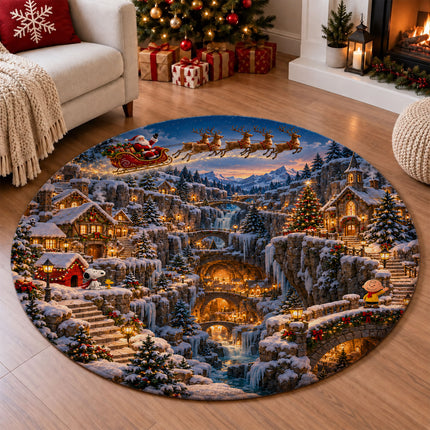 Christmas Round Rug Snowy Mountain Village Holiday Doormat