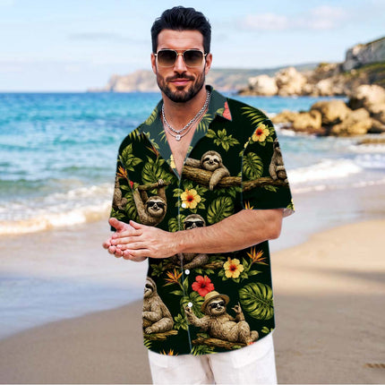 Tropical Sloth Floral Summer Vacation Hawaiian Shirt
