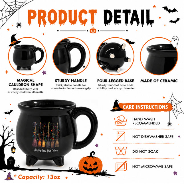 A Girls Gotta Have Options Cauldron Mug Halloween Witch Broom Coffee Cup