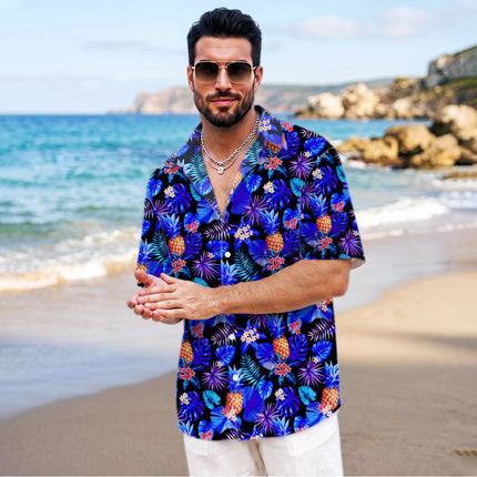 Blue Tropical Pineapple Floral Beach Summer Hawaiian Shirt