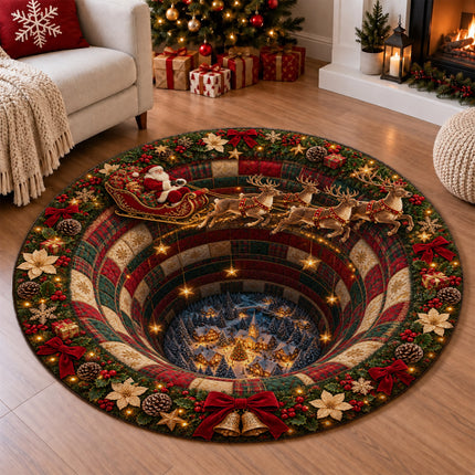 Christmas Round Rug Santa Sleigh Winter Village Doormat