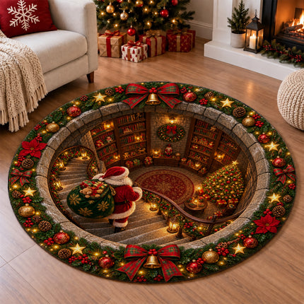 Christmas Round Rug Santa Library Holiday Doormat