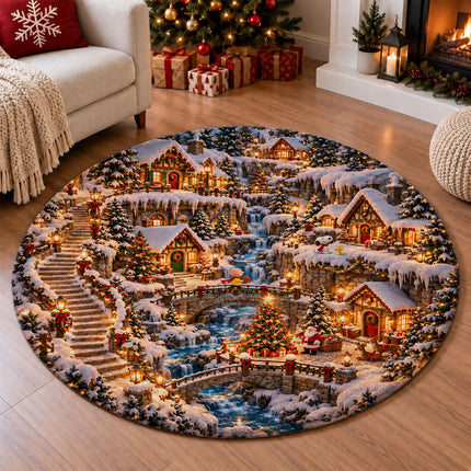 Christmas Round Rug Twinkling Cottage Waterfall Doormat