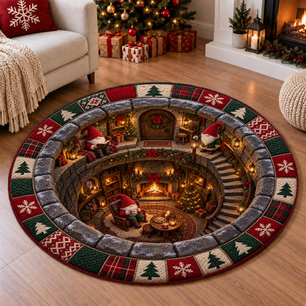 Christmas Round Rug Gnome Cottage Fireplace Doormat