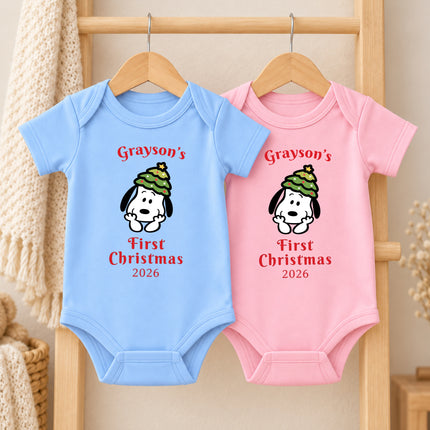 Personalized First Christmas 2026 Christmas Tree Hat Baby Bodysuit
