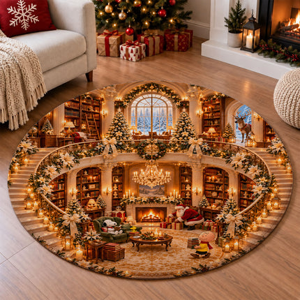 Christmas Round Rug Cozy Library Grand Staircase Holiday Doormat