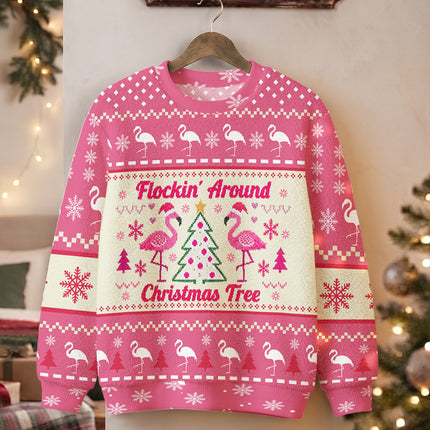 Funny Flamingo Ugly Sweatshirt Flockin Around Christmas Tree Pink